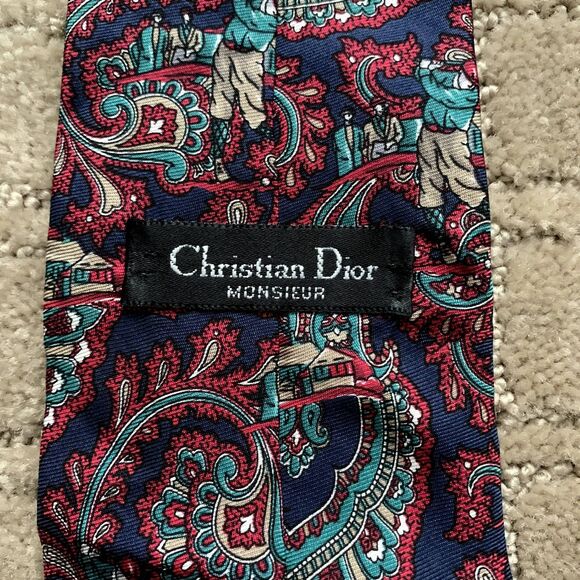 Christian Dior Monsieur Red & Teal Paisley Novelty Golf Men's Silk Tie VTG - Picture 5 of 7